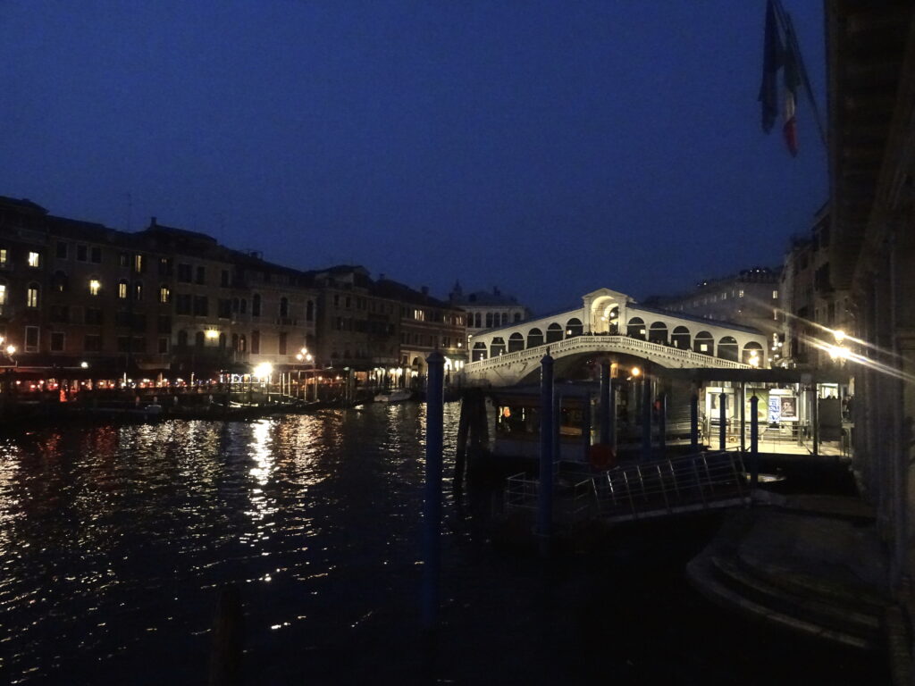 Distant View Of Rialto Bridge Lit Up At Night